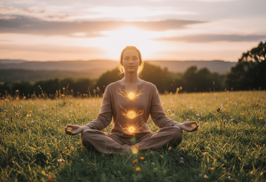 Eine Person in Meditation, die inneren Mut und Stärke ausstrahlt, mit subtilen Chakra-Glows