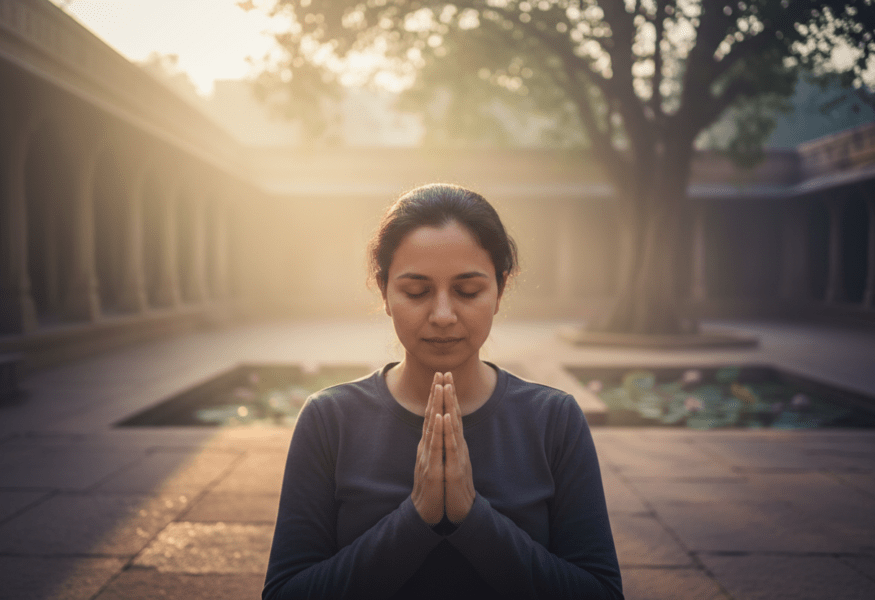 Hingabe: Eine Person betet im Morgengrauen mit geschlossenen Augen und gefalteten Händen.