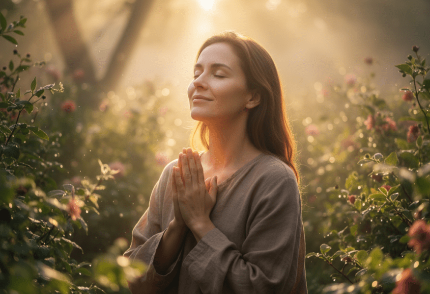 Ein Guru meditiert in der Natur, um die transformative Kraft der Dankbarkeit zu symbolisieren.