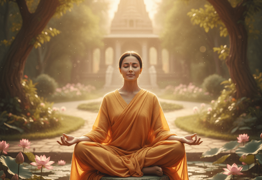 Eine Person in meditativer Haltung, die Demut und innere Freiheit ausstrahlt