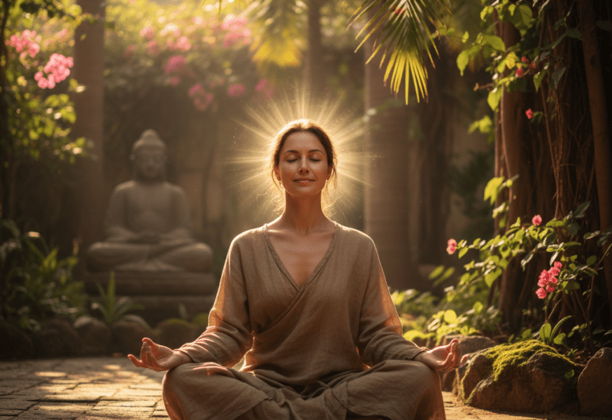 Eine Person in tiefer Meditation, die die Balance zwischen Tun und Sein verkörpert.