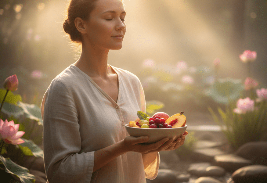 Meditierende Person mit Schale, die Hunger als Wohlstand symbolisiert