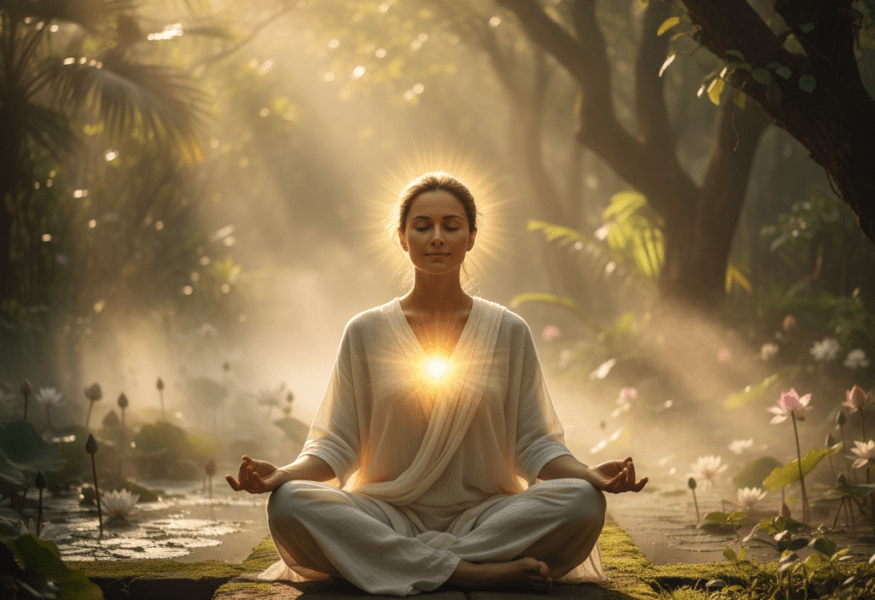 Eine Person in tiefer Meditation, umgeben von einem sanften goldenen Licht, das innere Schönheit und Ausstrahlung symbolisiert.