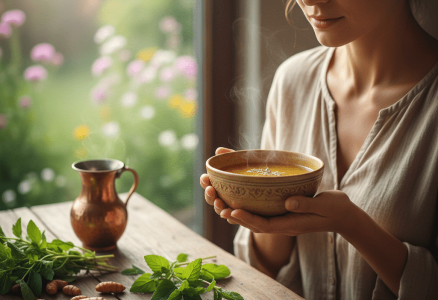 Spirituelle Dimension von Ayurveda – Menschen meditieren und genießen ayurvedisches Essen in harmonischer Natur