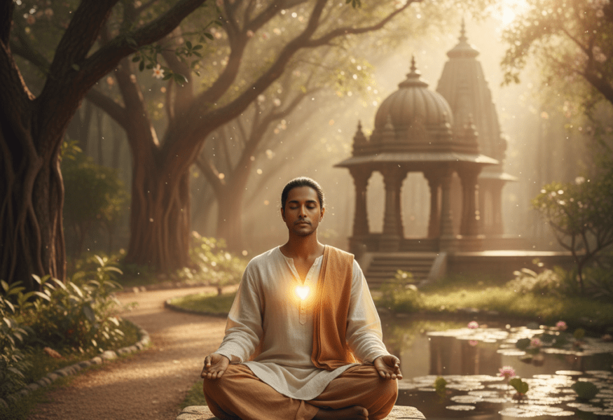 Eine Person in Meditation, die innere Stärke aus der Quelle schöpft.