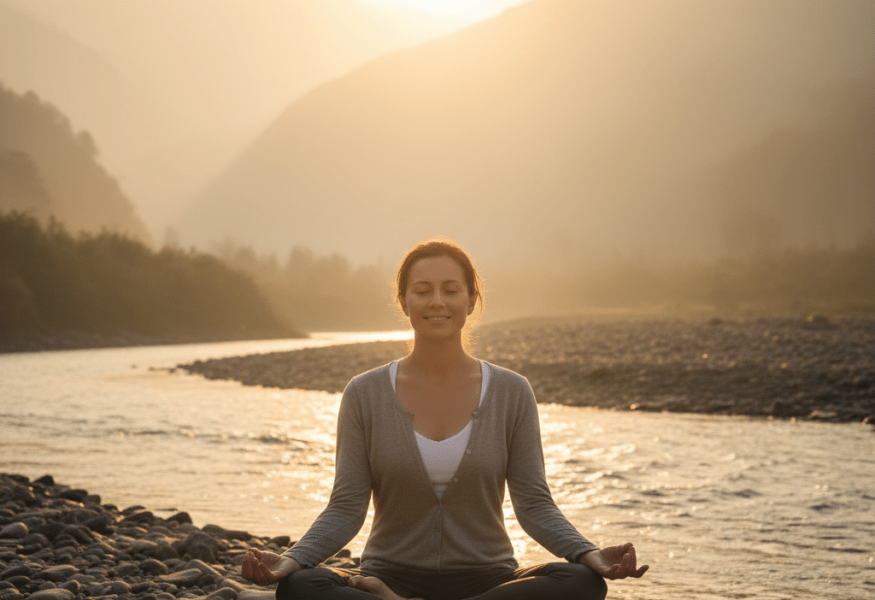 Spirituelle Transformation und Veränderung durch einen fließenden Fluss und blühende Natur dargestellt
