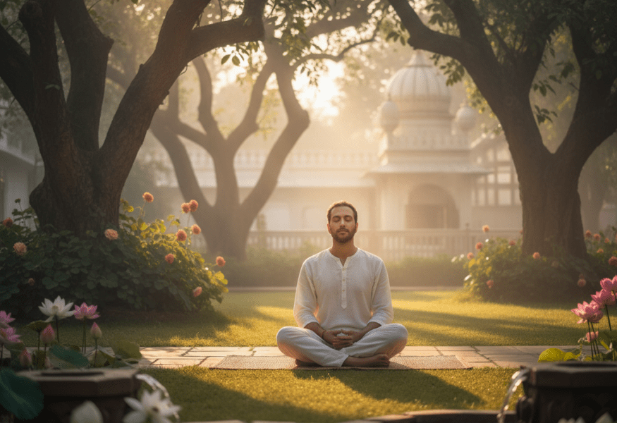 Eine Person meditiert friedlich unter einem Baum, um Gedanken zulassen zu lernen und innere Ruhe zu finden.