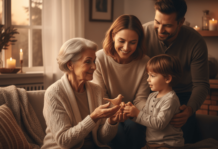 Eine Familie feiert Spirituelle Weihnachten mit Liebe und selbstlosem Geben.