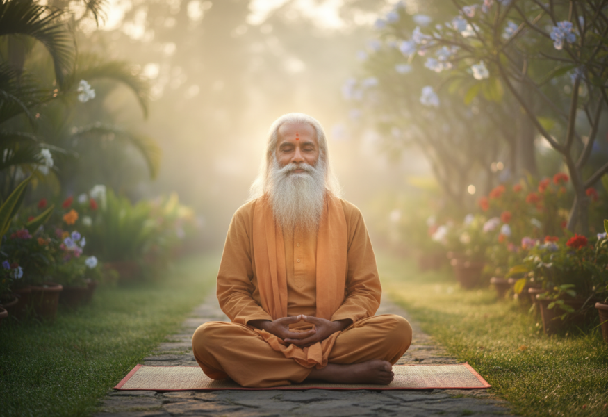 Ein spiritueller Lehrer in tiefer Meditation, der Sama und innere Ruhe verkörpert
