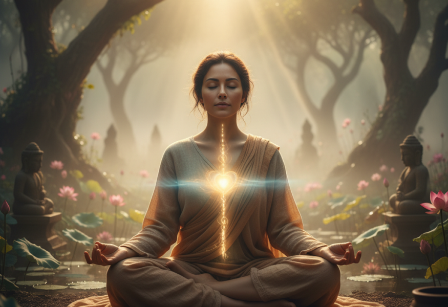 Eine meditierende Frau, die das Innere Aufrühren und spirituelle Transformation erlebt