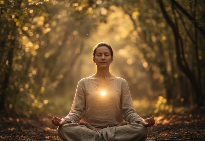 Eine Person in tiefer Meditation, die Dama und Sinneskontrolle symbolisiert