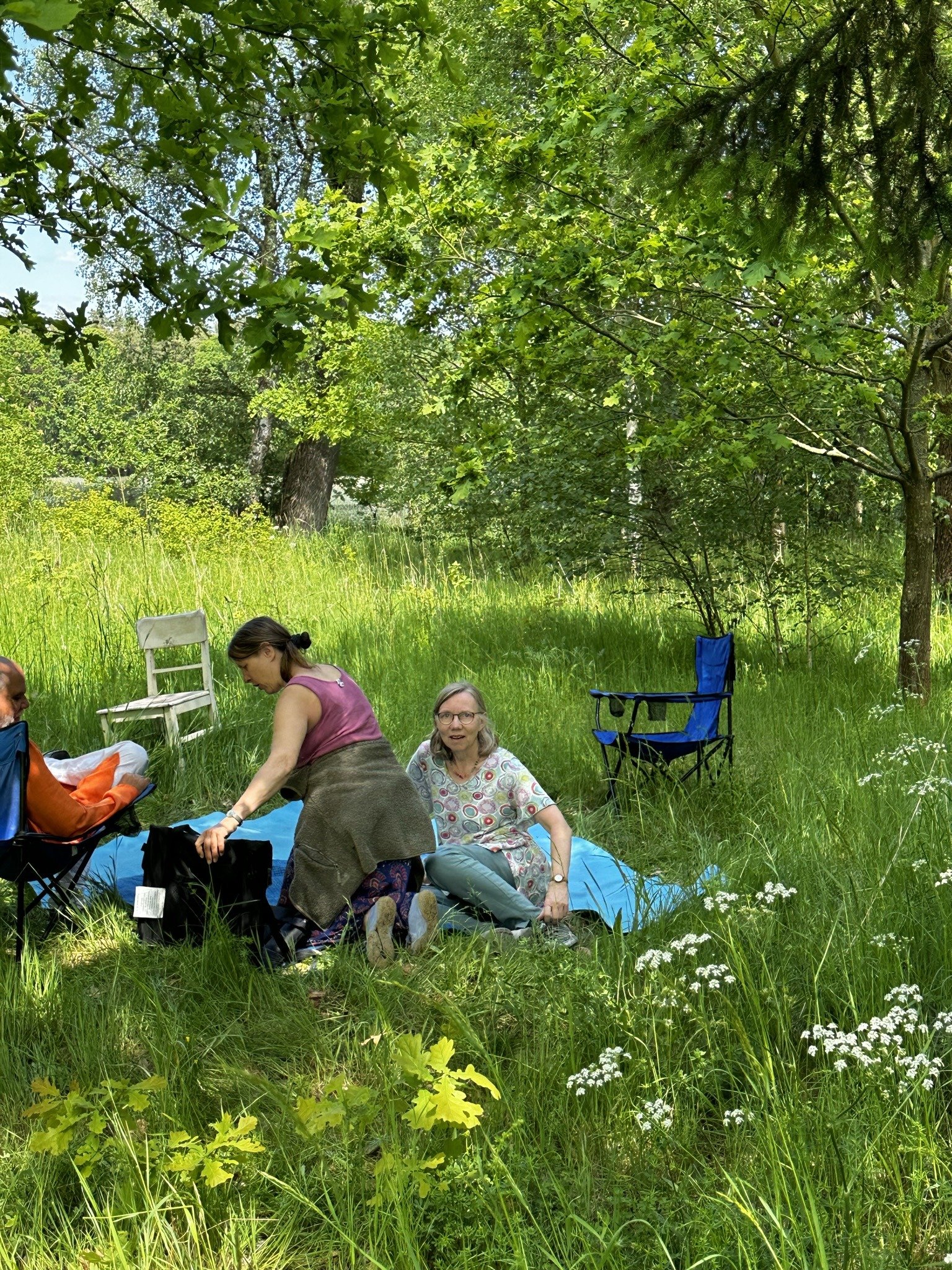 Menschen sitzen auf einer Decke im Schatten der Bäume auf der Wiese am Ashram Gurudham – naturnahes Wohnen im Ashram mit Ruhe und Gemeinschaft