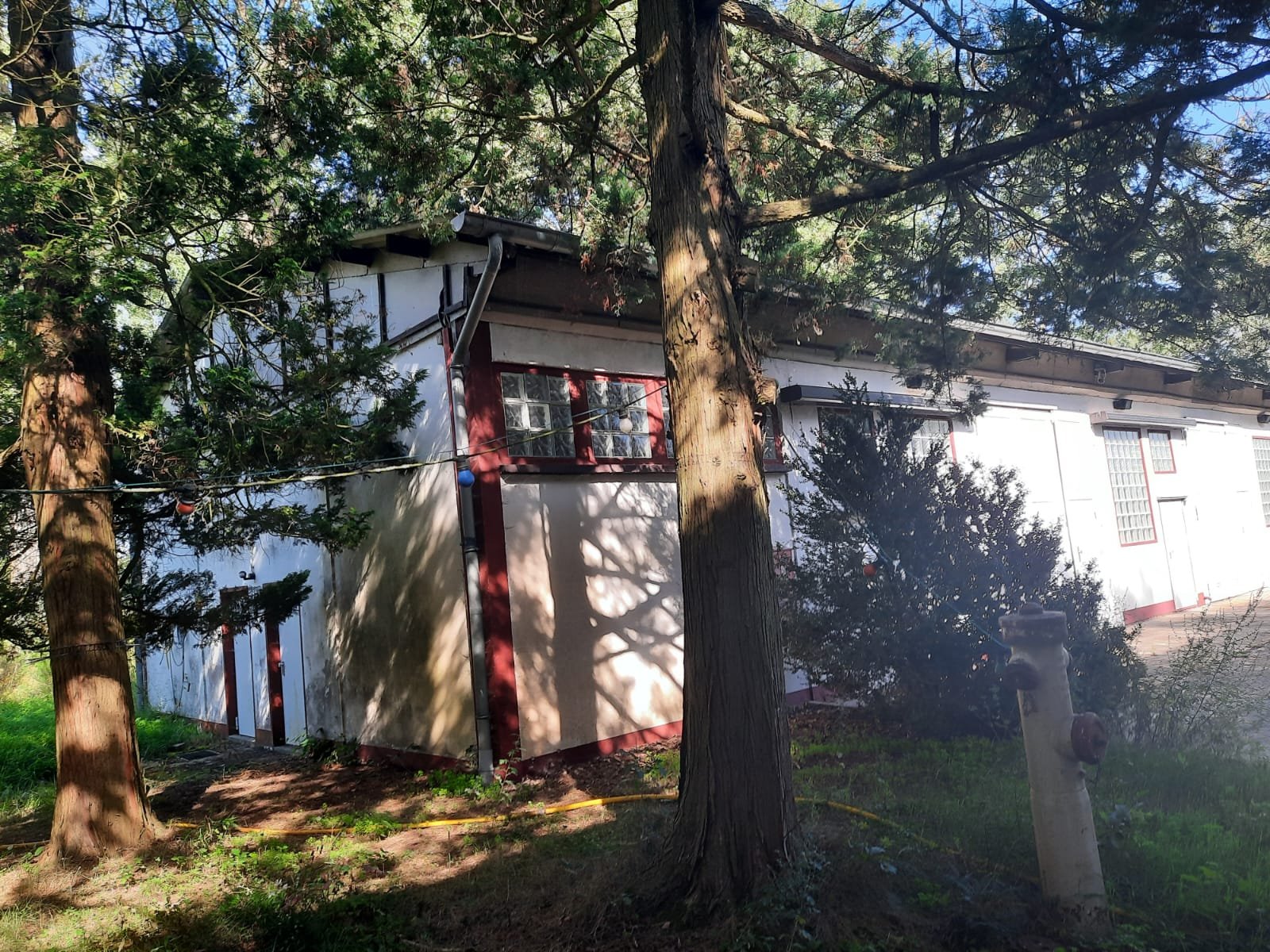 Halle auf dem Gelände des Ashram Gurudham unter hohen Bäumen – geplant als zukünftige Yoga-Halle für Praxis, Retreats und Seminare