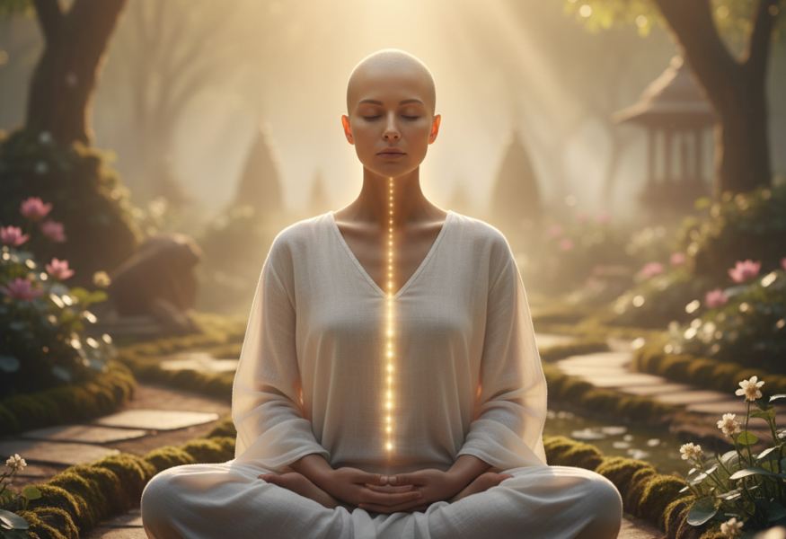 Meditierende Figur mit innerem Frieden, symbolisiert durch Shraddha