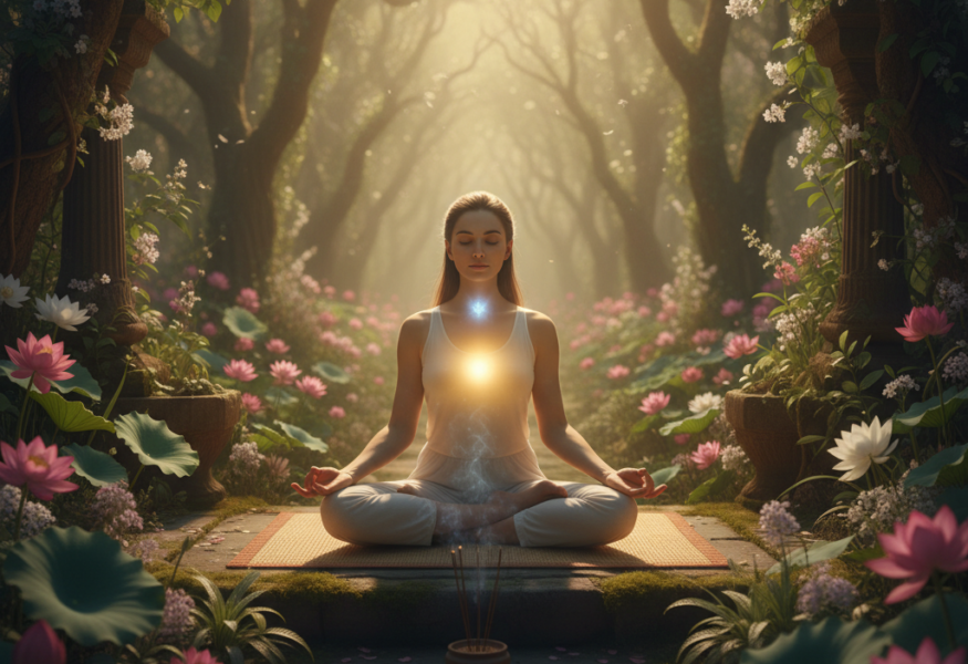 Meditierende Frau im Gurudham Garten während Navaratri