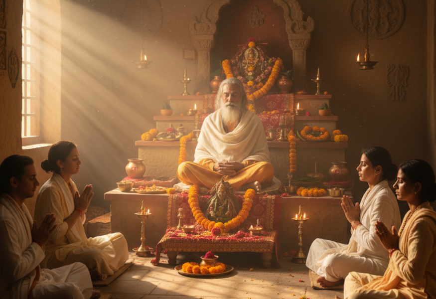 Guruji führt Navaratri Puja im Ashram, umgeben von meditierenden Schülern, in goldenem Morgenlicht. Navaratri Vorbereitung.