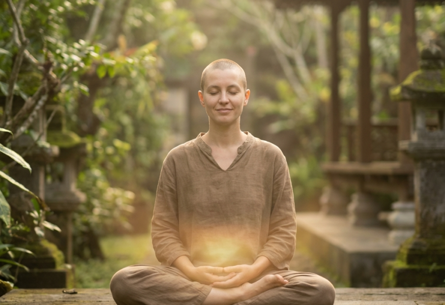 Meditierende Person, die Unparteilichkeit verkörpert, umgeben von einem goldenen Licht, das das Sakralchakra und den Fluss von Liebe und Fülle symbolisiert.