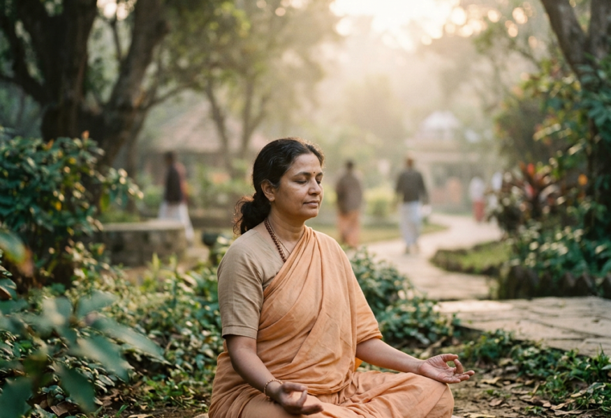 Eine Person in Meditation, die Gelassenheit im Umgang mit Unsicherheit ausstrahlt.