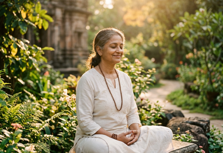 Person in Meditation, die Befreiung von Schuldgefühlen und inneren Frieden erfährt