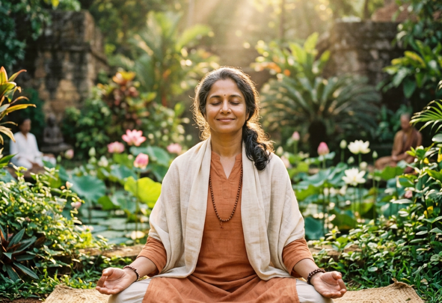 Frau in Meditation, die Vergebung und inneren Frieden symbolisiert