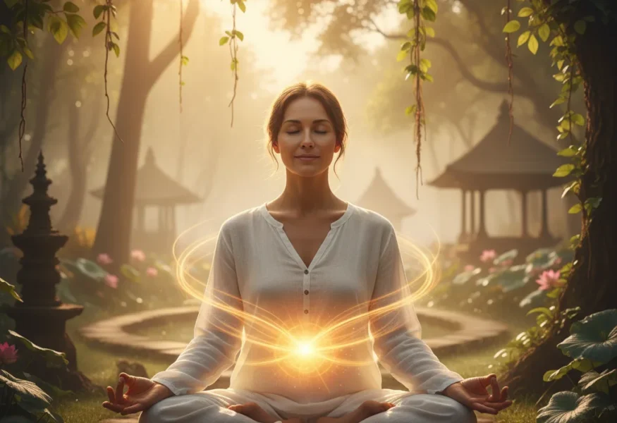 Eine meditierende Person, die den Umgang mit Schmerz durch innere Ruhe und Energiefluss symbolisiert.