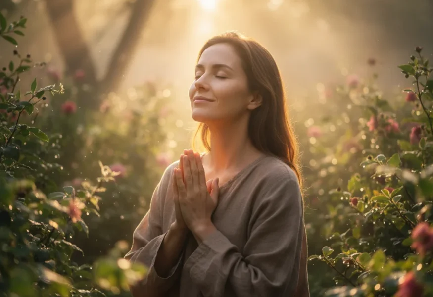 Ein Guru meditiert in der Natur, um die transformative Kraft der Dankbarkeit zu symbolisieren.