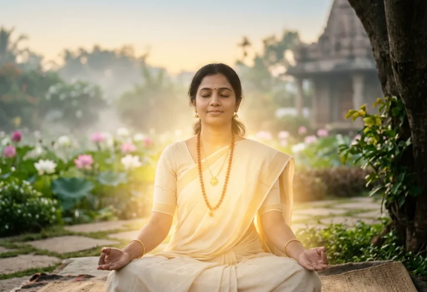 Frau in Meditation, umgeben von Navaratri Energie, im Garten