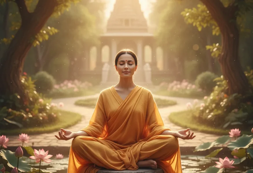 Eine Person in meditativer Haltung, die Demut und innere Freiheit ausstrahlt