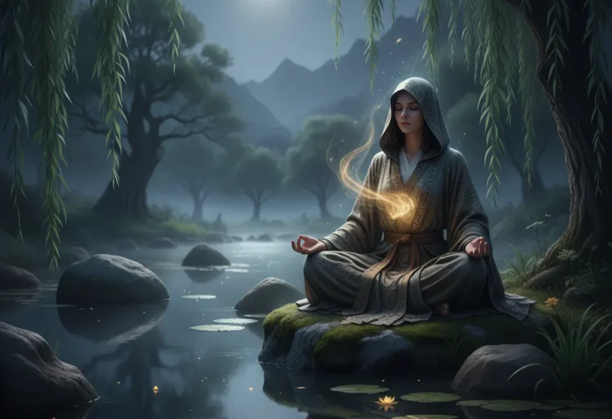 Eine Person in Meditation am Navaratri Tag 2, um Geduld und Reinigung zu finden.