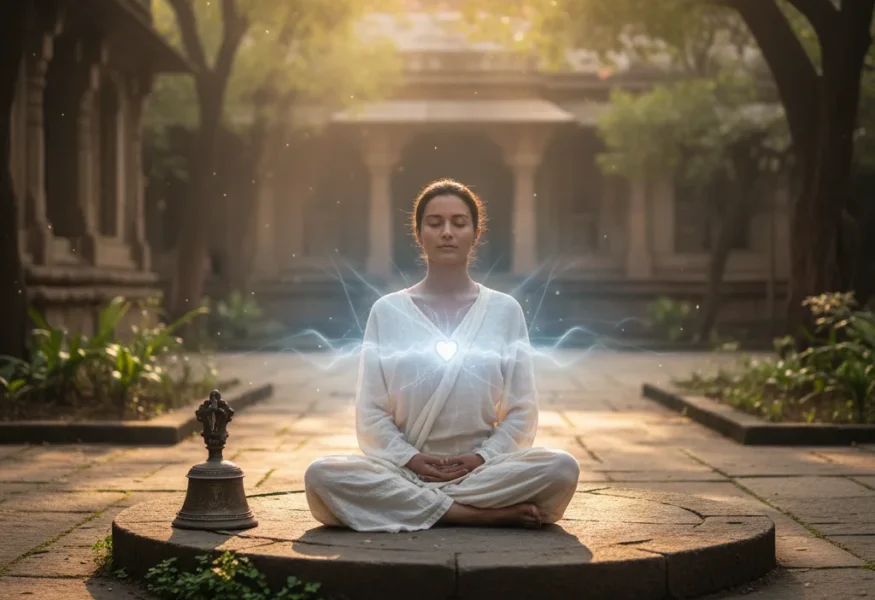 Person in Meditation, die Spirituelle Vergebung praktiziert und inneren Frieden findet.