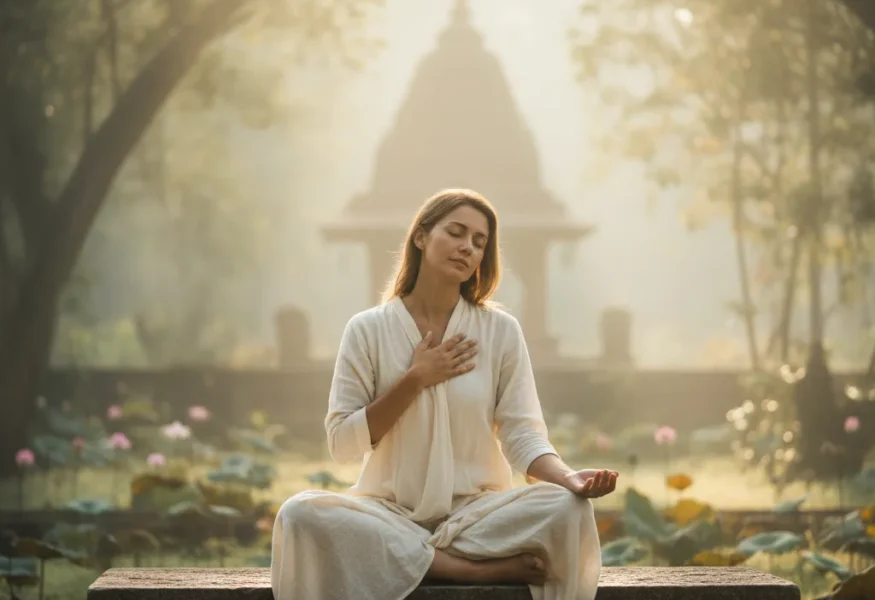 Eine Person in tiefer Meditation, die die Kunst des Loslassens durch Zuhören praktiziert und inneren Frieden findet.