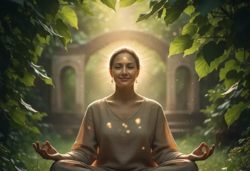 Eine Person in friedlicher Meditation, die die Kraft der Süßen Worte und heilenden Berührungen symbolisiert.