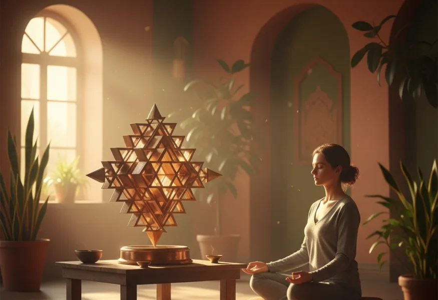 Ein goldenes, leuchtendes Sri Yantra in einem kosmischen Raum, das Harmonie und spirituelle Energie symbolisiert.