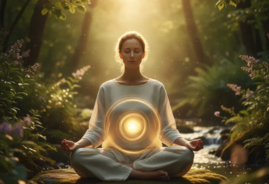 Eine Frau in Meditation, die innere Weisheit und spirituelles Erwachen erfährt.