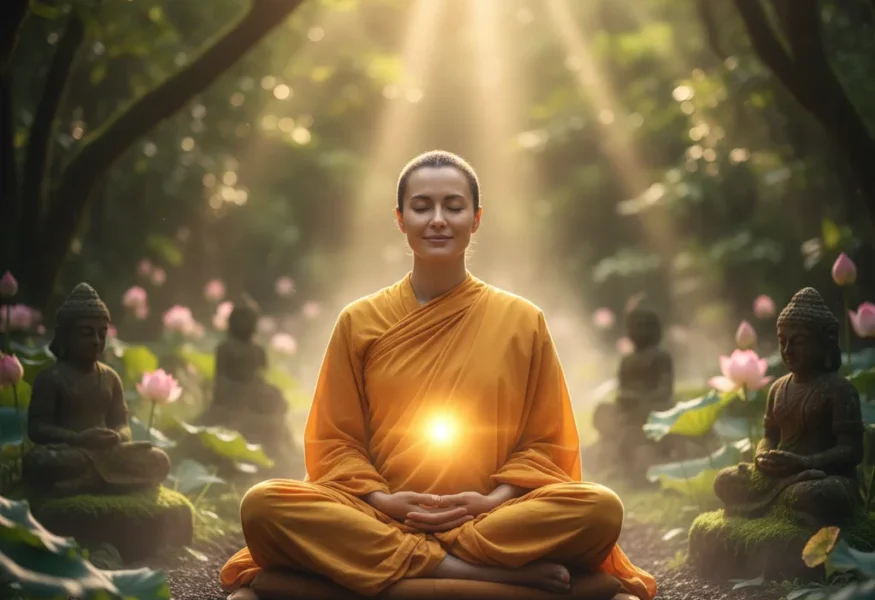 Eine meditierende Person mit goldenem Licht am Solarplexus, symbolisierend den Fluss des Lebens und das Geben.
