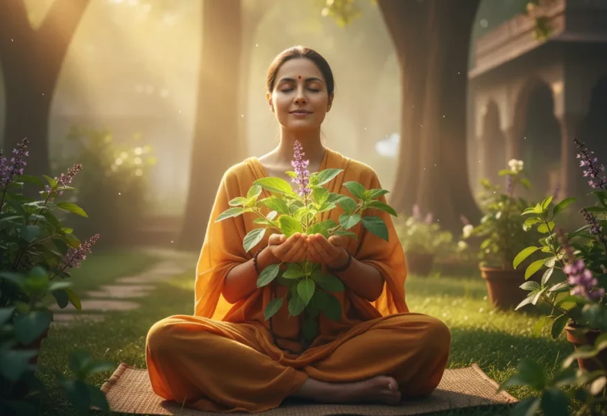 Person meditiert unter Tulsi-Pflanze, strahlt inneren Frieden aus und überwindet den Sinn der Zeit.