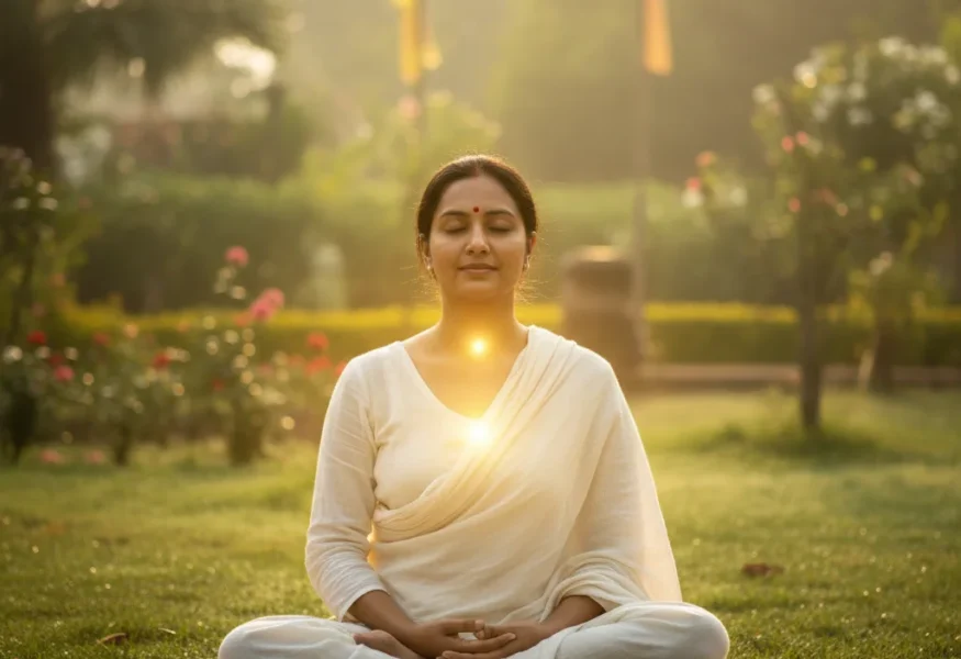 Person in Meditation, strahlend vor Ehrlichkeit und innerem Glück im Gurudham Garten.