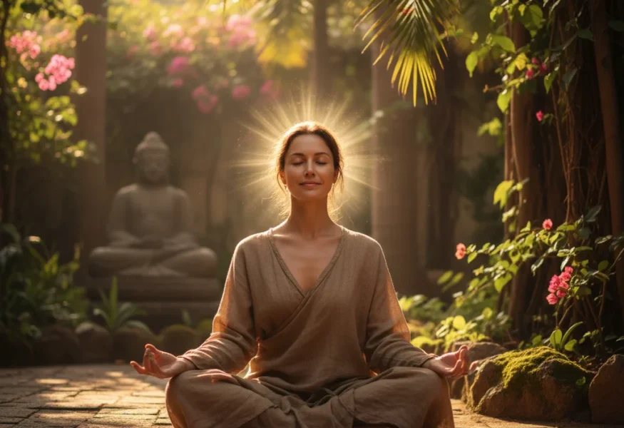 Eine Person in tiefer Meditation, die die Balance zwischen Tun und Sein verkörpert.