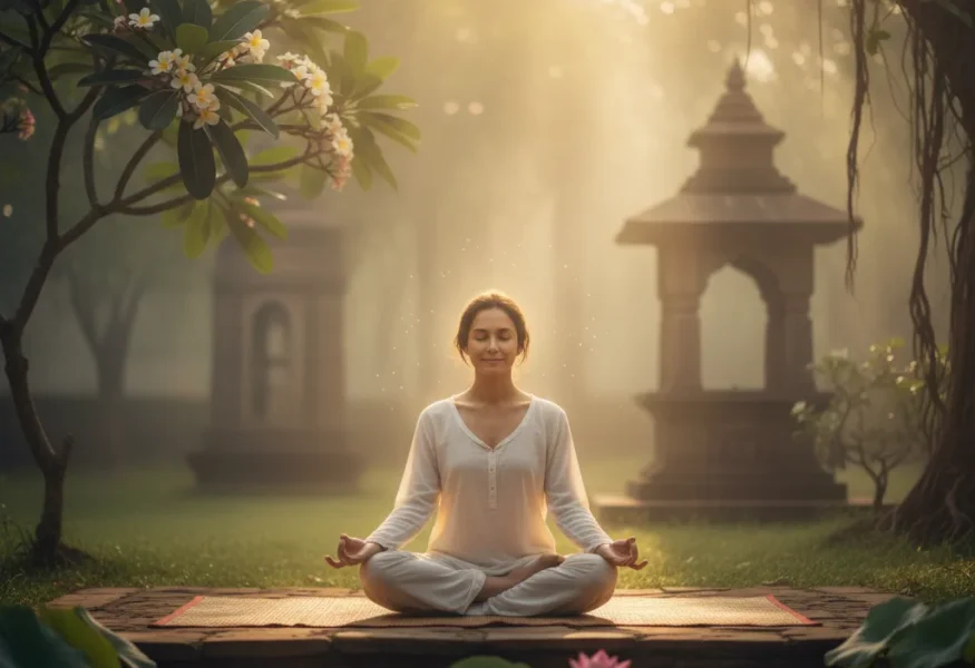 Eine meditierende Person, die die Kraft des Sankalpa verkörpert, in einem ruhigen Ashram-Garten bei Sonnenaufgang.