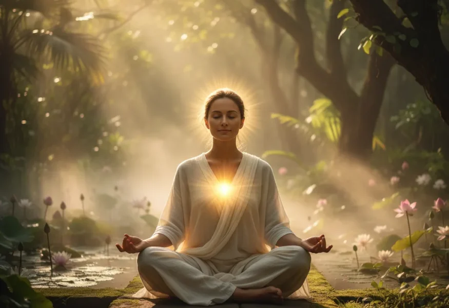 Eine Person in tiefer Meditation, umgeben von einem sanften goldenen Licht, das innere Schönheit und Ausstrahlung symbolisiert.