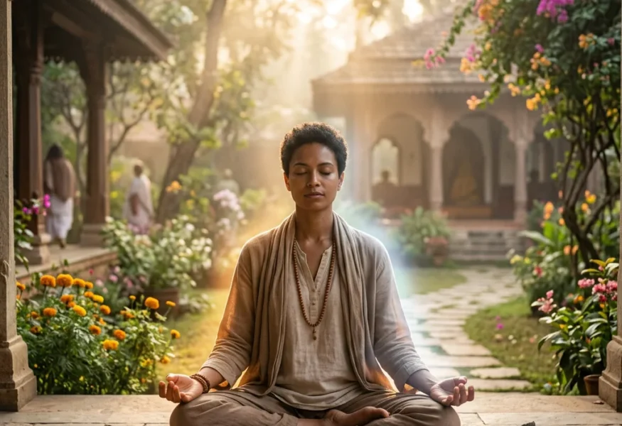 Eine Person in Meditation, die die Weibliches und Männliches Prinzip Balance in sich verkörpert.
