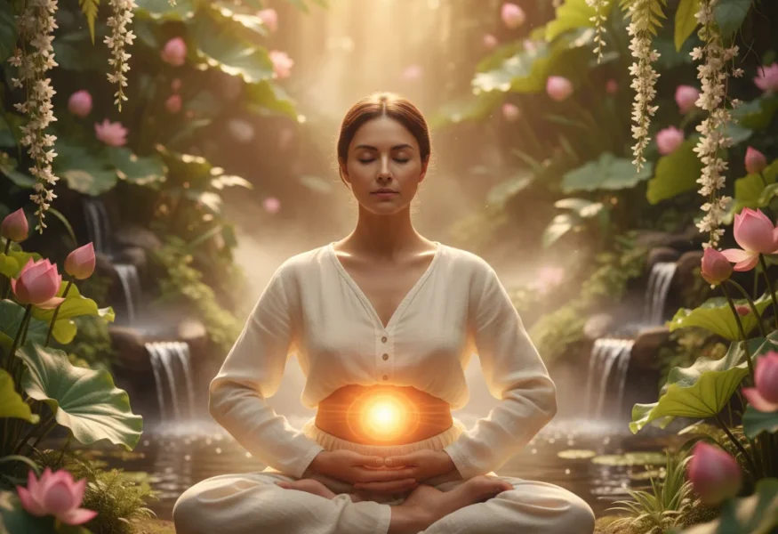 Pranayama Sakralchakra: Meditierender mit leuchtendem Svadhisthana-Chakra