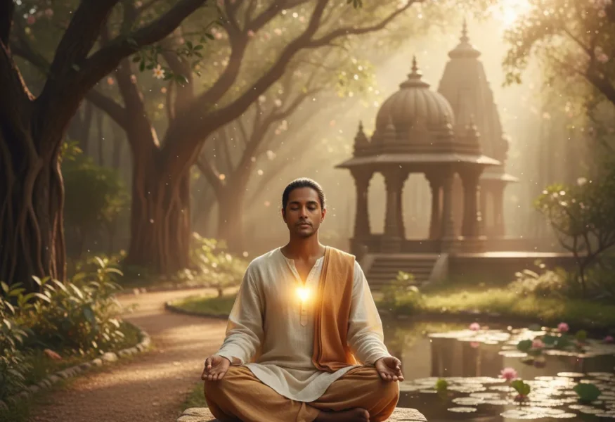 Eine Person in Meditation, die innere Stärke aus der Quelle schöpft.