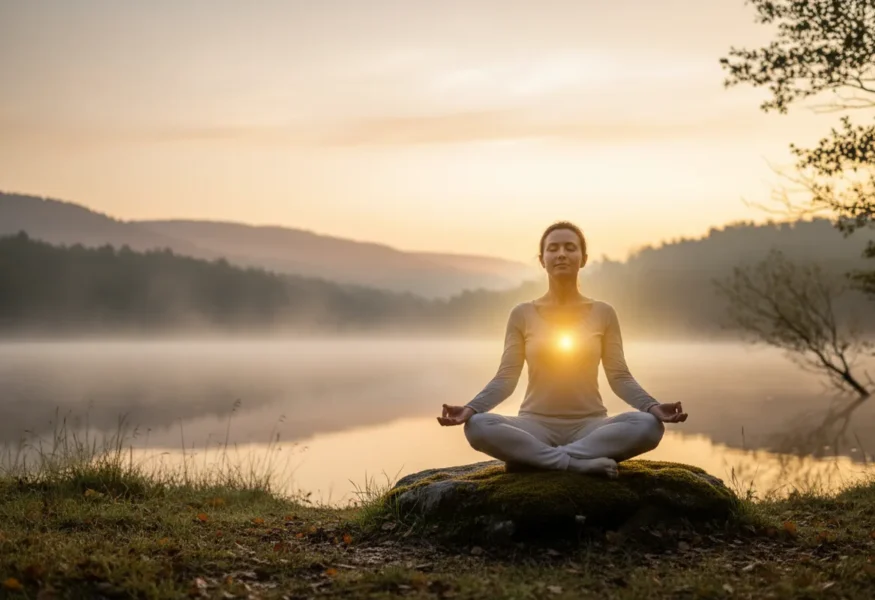 Meditierende Person mit innerem Leuchten, das Sankalpa symbolisiert