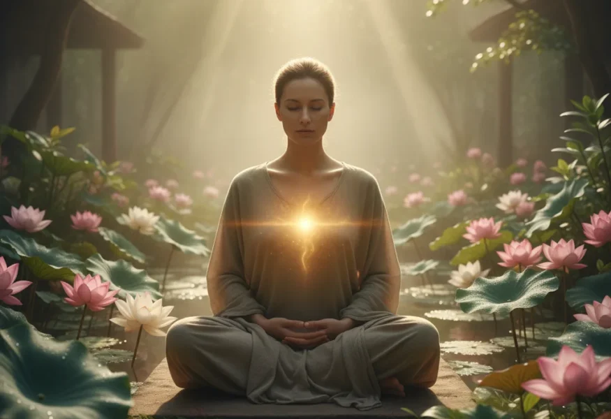 Eine Person in tiefer Meditation, umgeben von einem goldenen Licht, das ihr Sankalpa symbolisiert.