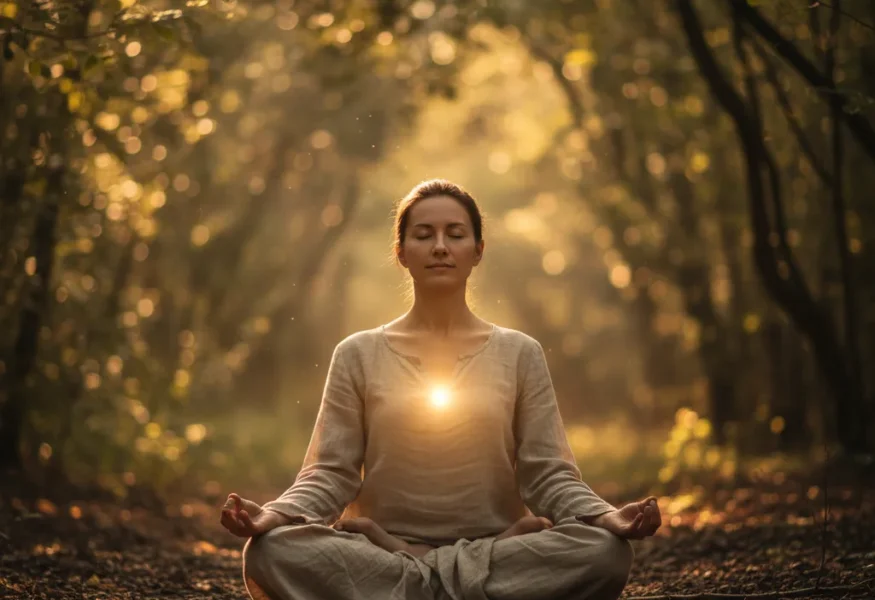 Eine Person in tiefer Meditation, die Dama und Sinneskontrolle symbolisiert