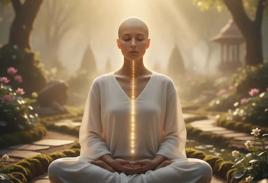 Meditierende Figur mit innerem Frieden, symbolisiert durch Shraddha