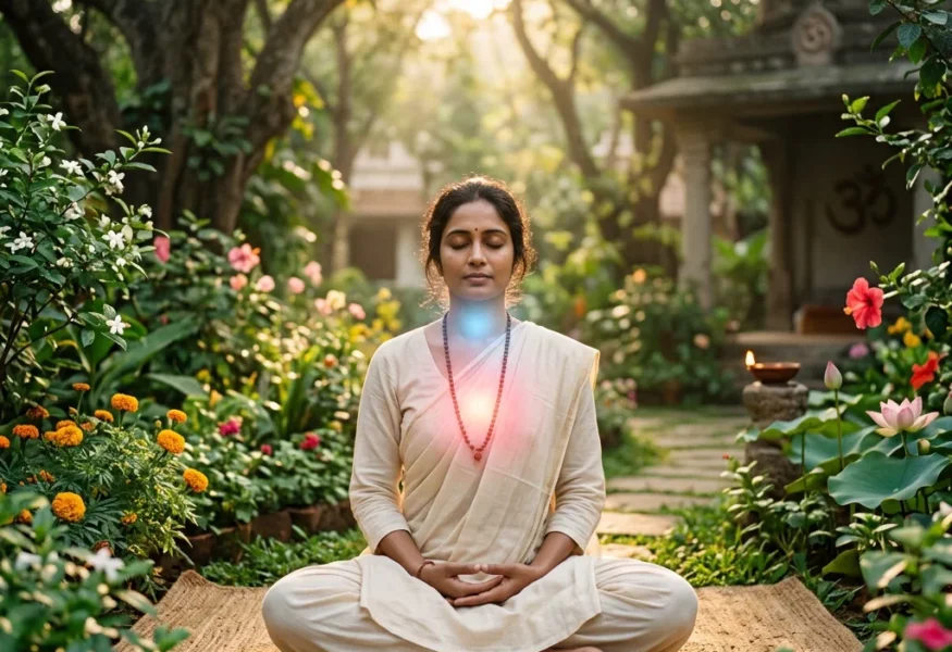 Meditierende Frau im Gurudham Garten während Navaratri