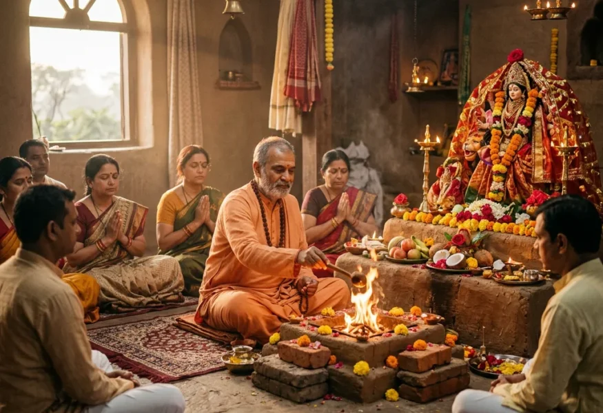 Guruji führt Navaratri Puja im Ashram, umgeben von meditierenden Schülern, in goldenem Morgenlicht. Navaratri Vorbereitung.
