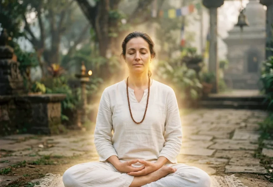 Meditierende Person mit spirituellen Vibrationen und goldenem Licht